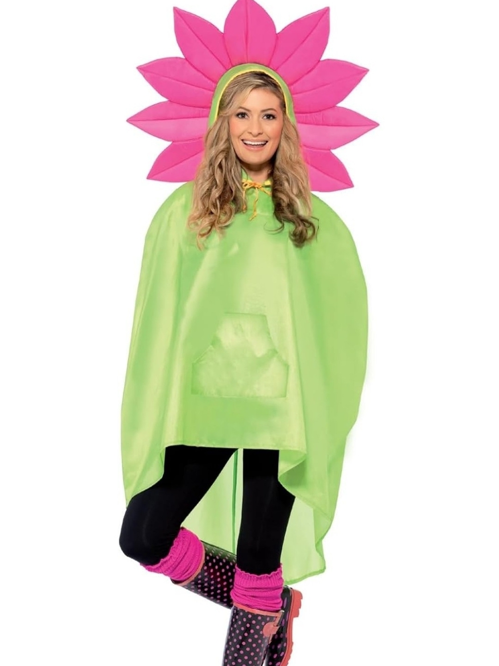 Flower Party Poncho, Green with Drawstring Bag, Party Poncho Fancy Dress, Adult